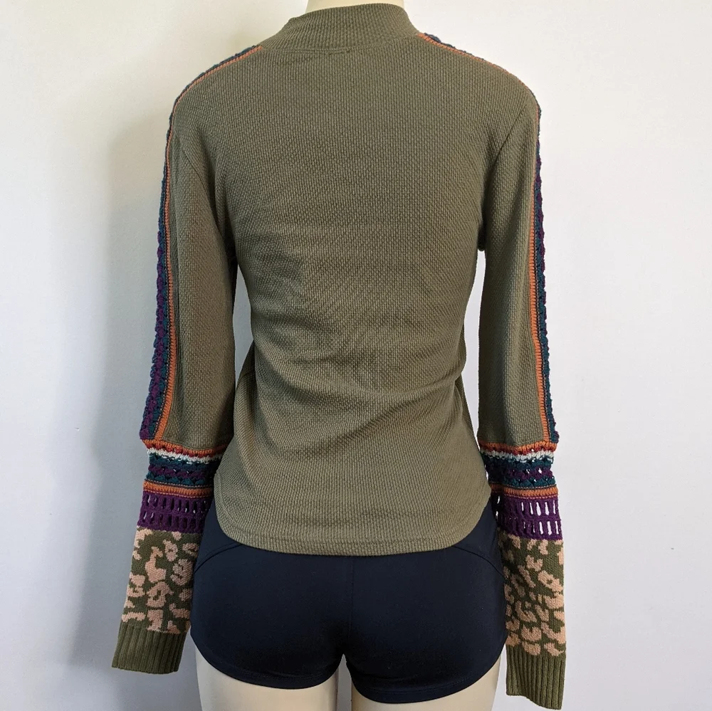 Free People Switch It Up Cuff Thermal Shirt Green Multi-color‎ Size XS